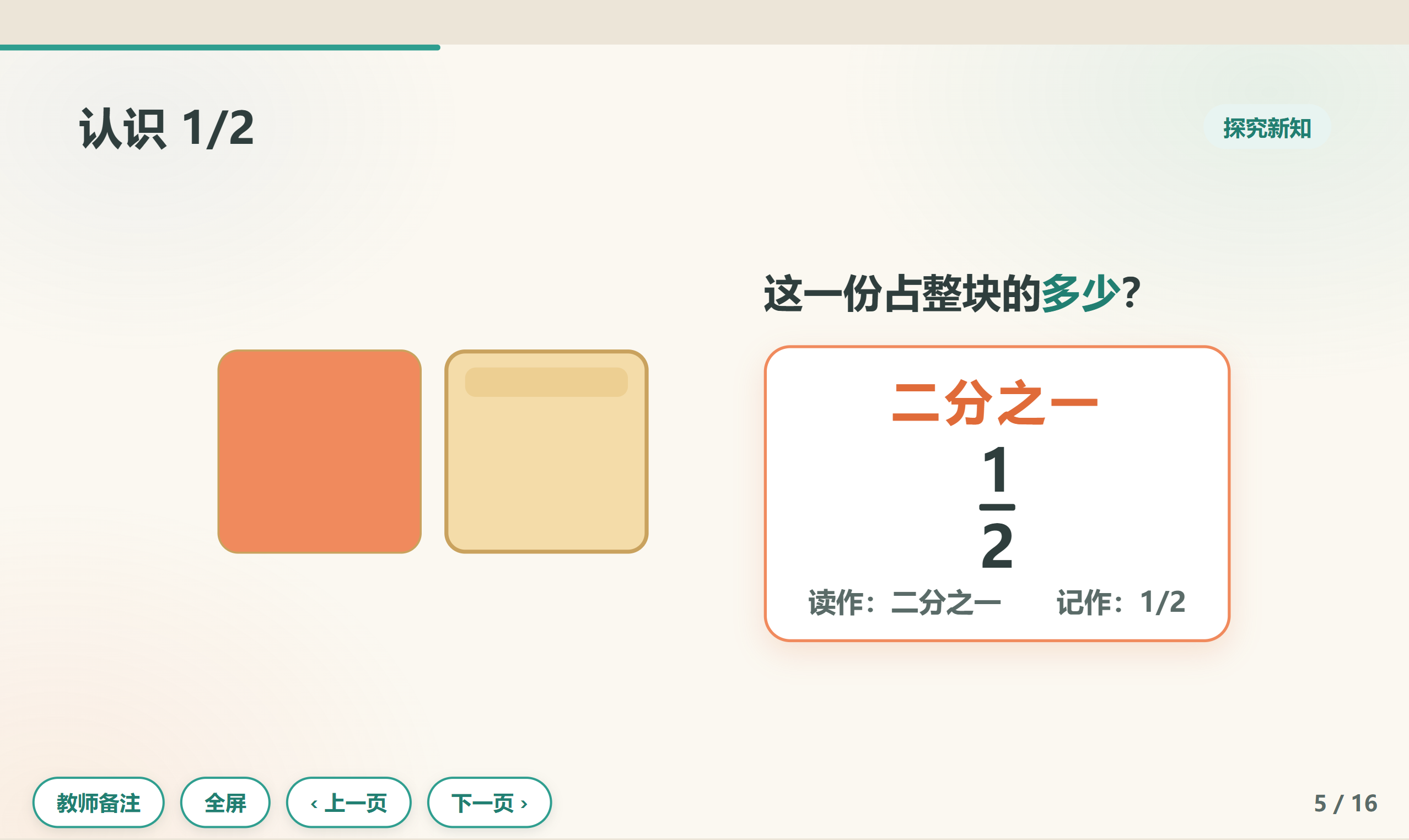 课件内页：认识 1/2 的分数动画