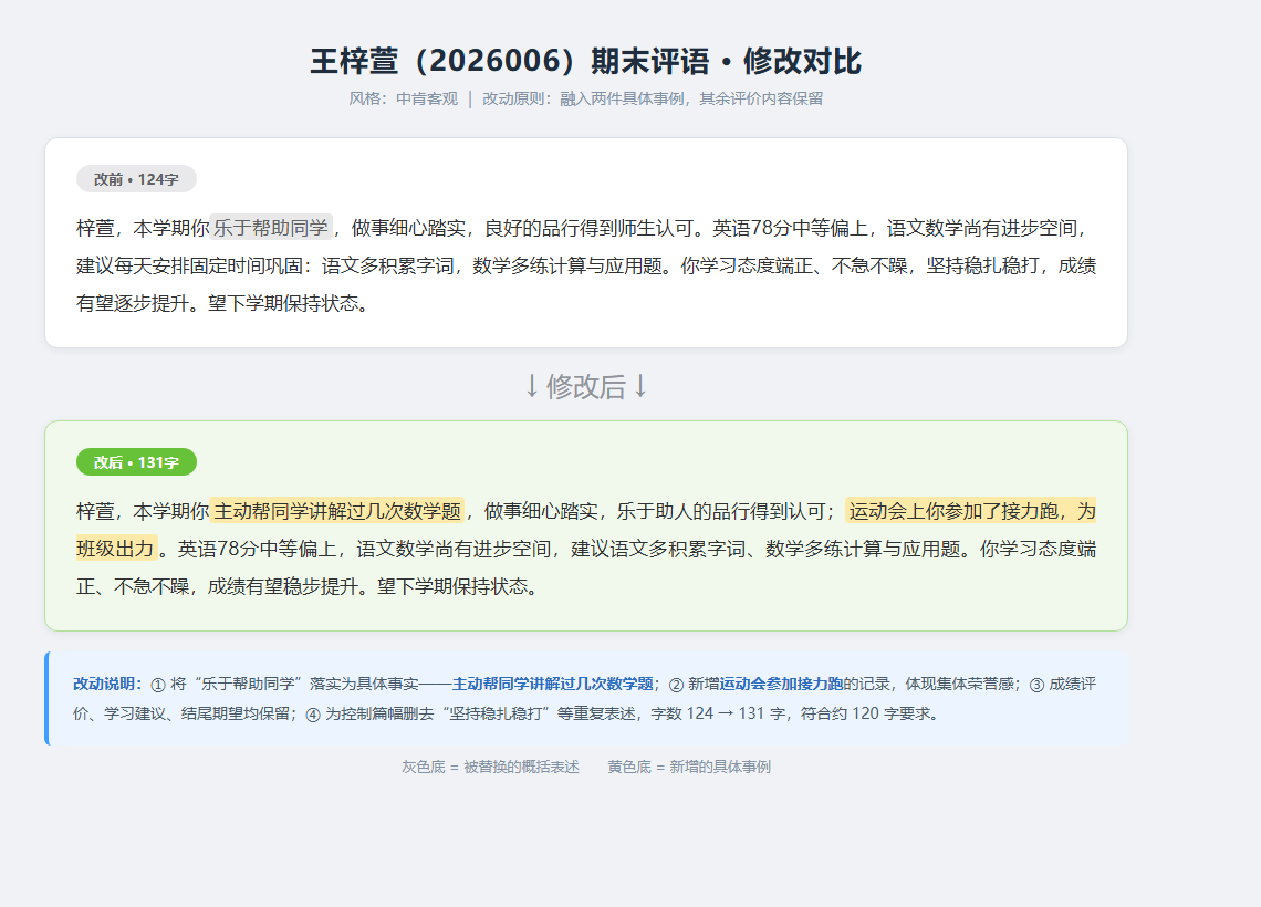 单条评语优化前后对比